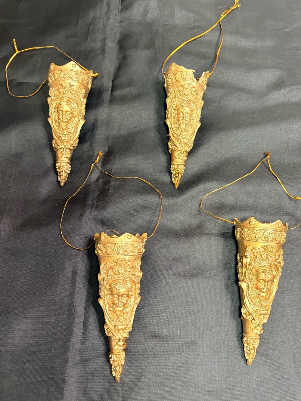 Set of 4 Victorian Style Gold Cherub Cornucopia Wall Pockets Christmas Ornaments